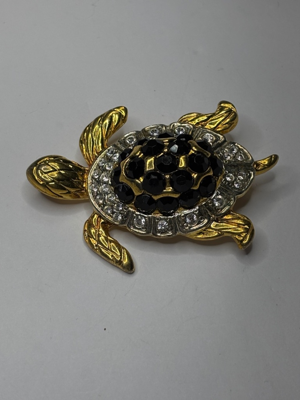 Vintage Enameled Turtle Brooch, Rhinestone Goldtone Lapel Pin